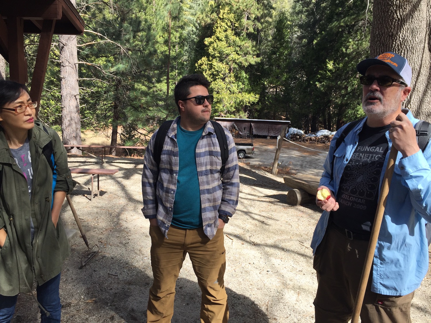 Javier Tabima (Center) with Ying Chang (Left) and Joey Spatafora (Right) during 'Zygofornia' zygolife workshop at UC James Reserve April 2018